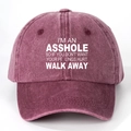 Close-up of vintage washed burgundy cotton baseball cap with white printed typography - Burgundy