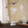 Vintage white Christmas tree ornaments set including angel, bow, and house pendants - Set of 7