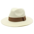 Detailed close-up of woven paper straw texture and brown fabric band on Panama hat - Cream