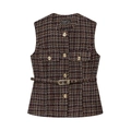 Women's tweed vest in red and black weave with golden buttons and a waist belt - XS / Dark Brown