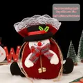 Red linen Christmas snowman gift bag with drawstring and white lace trim 20.5x15.5cm - Linen Drawstring Lace Snowman