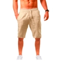 Detail view of men's beige linen shorts featuring an adjustable elastic drawstring waistband - Dark Khaki