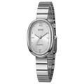 Detailed macro view of the silver oval dial with Roman numerals and metal bamboo strap - Silver