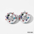 Polished silver stainless steel ball earrings featuring colorful inlaid cubic zirconia studs - Silver With Multi-Color CZ (PDE1883)