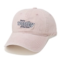 Detail of pink cotton baseball cap with blue 'You're worthy of that love' embroidery - Pink