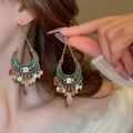 Bohemian crescent moon earrings with green resin and drop fringe tassels on model - Green (23# Ear Hook-Gold)