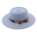Close-up of light blue straw boater hat with a leopard print ribbon bow for summer - M (56-58cm) / Sky Blue
