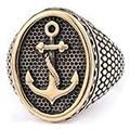 Detail of vintage anchor ring with gold relief and black textured oval face - US 7 / Gold 3D Anchor Style (18109金色)