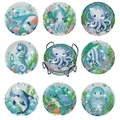 DIY diamond painting coaster set with 8 ocean theme designs and black metal holder - Deep Sea Life Style