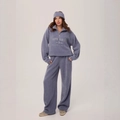 Three-piece hazy blue fuzzy lounge set with half-zip top and wide-leg trousers - S / Violet Blue