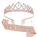 Pink glitter Birthday Princess sash with a rose gold rhinestone crown set - BIRTHDAY PRINCESS Rose Gold Holographic Set