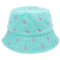 Detailed view of pink butterfly embroidery on turquoise denim bucket hat texture - 59cm / Green