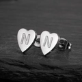 Polished silver heart-shaped stainless steel stud earring with engraved letter N - Letter N / Steel