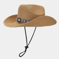Classic straw cowboy hat with ethnic band, turquoise accent, and adjustable wind cord - Khaki