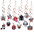 Pack de 12 decoraciones colgantes de rock and roll en negro y rojo para fiestas de cumple - Juego de Espirales Colgantes / Set de Tarjetas y Espirales