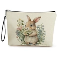 Easter cream canvas makeup bag featuring a cute brown rabbit with a handy wrist strap - Flower Bouquet Cute Bunny Style (款式4)