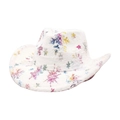 Close-up of white cowboy hat featuring colorful glitter snowflakes and feather detail - White Snowflake Style