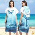 Blue whale gradient microfiber surf poncho with hood showing front and back surfing design - Pull-over Style - Whale Tail