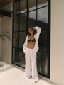 Women's 3-piece linen-style set with white shirt, wide-leg pants and green bikini top - White