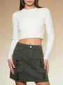 Slim fit white ribbed knit top paired with olive green utility cargo mini skirt with pockets - S / Army Green