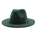 Detail of dark green wool fedora with brown leather strap and vintage silver buckle - M (56-58cm) / Dark Green