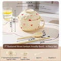 Ceramic noodle bowl set with double handles and red heart pattern in cream finish - 4-Piece Set Noodle Bowl - Creamy Yellow Red Hearts