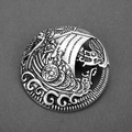 Nordic vintage Viking brooch in antique silver finish featuring a longship and shield - D-169 Antique Silver Round Viking Longship