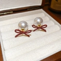 Macro shot of pearl stud earring with red flocking bow on velvet jewelry box padding - Artificial Pearl with Red Bowknot Earrings (10# Silver Earring Post - Red - White)