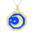 Golden octagonal pendant necklace with blue enamel moon and star design with zircons - Blue