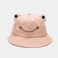 Pink cartoon frog bucket hat for kids with 3D eyes and embroidered smile face - M (56-58cm) / Pink