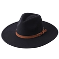Elegant black wide brim wool felt jazz hat with brown suede band and gold buckle - Adult 58cm One Size / Black