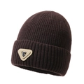 Dark brown ribbed knit beanie with a beige triangle leather patch for autumn winter - One Size / Dark Coffee