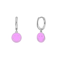 Silver hoop earrings with pink enamel smiley face charm pendants in high polish finish - 24K / Silver-Pink Smile Face (JQH0081-SS-5)