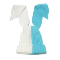 Blue and white color-block knit beanie featuring long rabbit ears in a flat lay view - M (56-58cm) / White and Blue