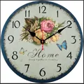 Retro round wooden wall clock with floral pattern and blue border for home decoration - Light Blue Butterfly Rose