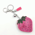 Pink rhinestone strawberry keychain with velvet tassel and silver bell pendant - Rose Red with Dark Green Leaf