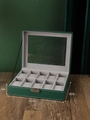 10-slot dark green leather watch box with clear glass lid and gray velvet lining - 10-Slot Green Watch Box with Lock