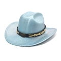 Detail of light blue glitter cowboy hat with bull head emblem and woven black band - M (56-58cm) / Sky Blue