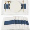 Sets de table en lin à rayures bleues et blanches avec franges et détails tressés - Rayé Blanc Bleu