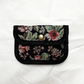 Vintage floral jacquard coin purse in black with red and pink blossoms and brass buckle - Vintage Floral
