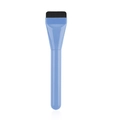 Macro detail of flat-top foundation brush with soft bristles and blue mirror handle - Blue