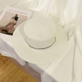 White woven sun hat with black ribbon and gold metal M logo detail for summer style - Off-white Metal M Black Band