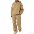 Men's khaki solid color hooded tracksuit with drop shoulder hoodie and wide leg pants - Camel