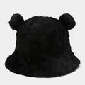 Close-up detail of soft black faux fur bucket hat with cute bear ears for winter - M / Black