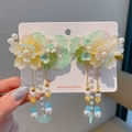 Ancient style tassel hair clips with yellow flower petals and ginkgo leaf pendants - Huanxisha Yellow Green Clips