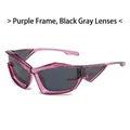 Futuristic cat eye sunglasses featuring purple frames and dark grey lenses for men and women - Purple Frame Grey Lens