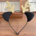 Sweet Christmas reindeer headband with sparkly golden antlers and black velvet ears - Black Antler
