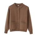 Chaqueta de punto marrón para mujer con cuello redondo, botones y bolsillos frontales - S / Marrón