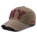Distressed khaki washed cotton baseball cap with red NY embroidery and side patch details - Khaki