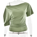 Dettaglio del top verde monospalla con coulisse laterale e design increspato aderente - S / Verde